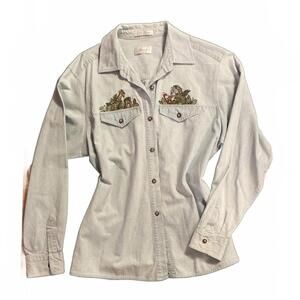Vintage Style Light Denim Shirt with Embroidered Animal Pockets